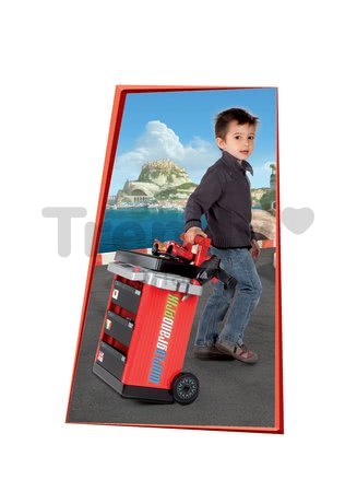 Pracovný vozík Autá 2 Pit Stop Smoby s mechanickou vŕtačkou, autom McQueen a 25 doplnkami