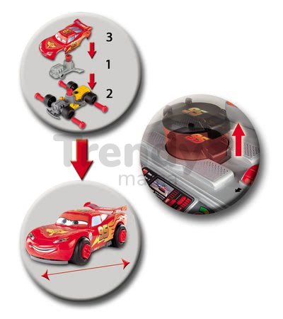 Pracovný vozík Autá 2 Pit Stop Smoby s mechanickou vŕtačkou, autom McQueen a 25 doplnkami