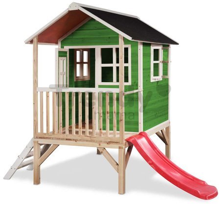 Domček cédrový na pilieroch Loft 300 Green Exit Toys s vodeodolnou strechou a šmykľavkou zelený