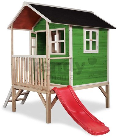 Domček cédrový na pilieroch Loft 300 Green Exit Toys s vodeodolnou strechou a šmykľavkou zelený