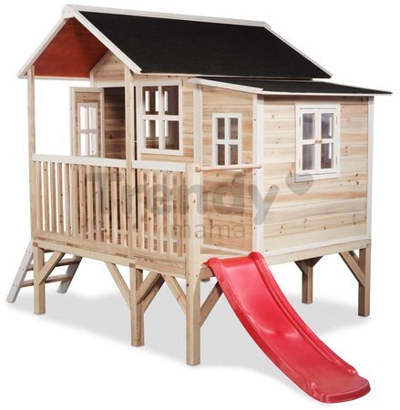 Domček cédrový na pilieroch Loft 350 Natural Exit Toys veľký s vodeodolnou strechou a šmykľavkou prírodný