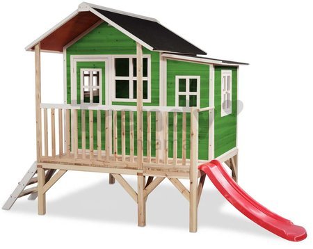 Domček cédrový na pilieroch Loft 350 Green Exit Toys veľký s vodeodolnou strechou a šmykľavkou zelený