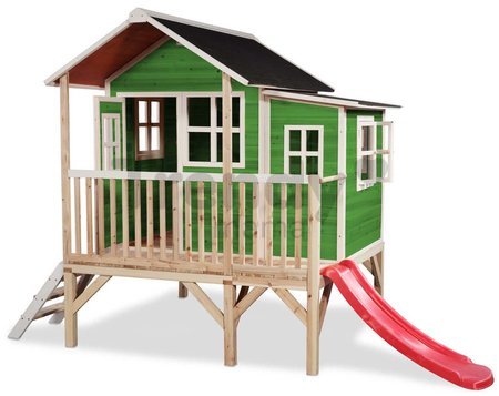 Domček cédrový na pilieroch Loft 350 Green Exit Toys veľký s vodeodolnou strechou a šmykľavkou zelený