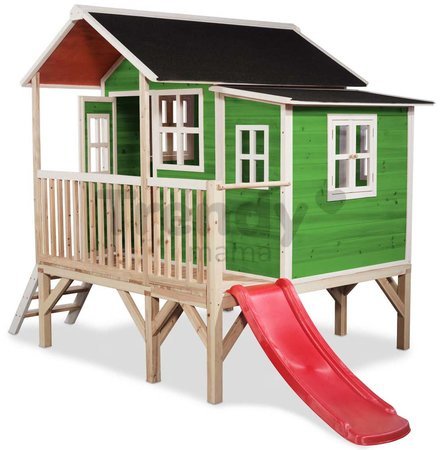 Domček cédrový na pilieroch Loft 350 Green Exit Toys veľký s vodeodolnou strechou a šmykľavkou zelený