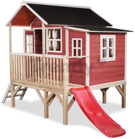 Domček cédrový na pilieroch Loft 350 Red Exit Toys veľký s vodeodolnou strechou a šmykľavkou červený