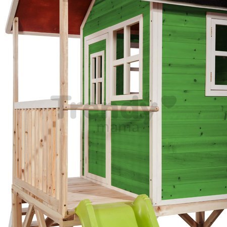 Domček cédrový na pilieroch Loft 500 Green Exit Toys s vodeodolnou strechou pieskoviskom a 1,75 m šmykľavkou zelený