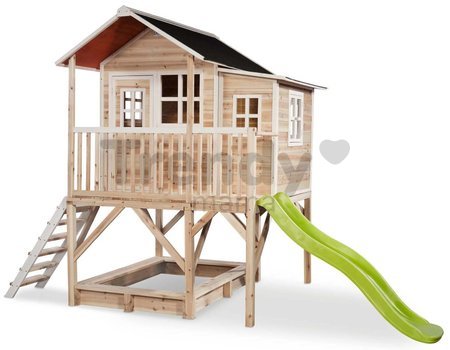 Domček cédrový na pilieroch Loft 550 Natural Exit Toys veľký s vodeodolnou strechou pieskoviskom a 1,75 m šmykľavkou prírodný
