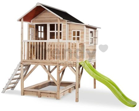 Domček cédrový na pilieroch Loft 550 Natural Exit Toys veľký s vodeodolnou strechou pieskoviskom a 1,75 m šmykľavkou prírodný