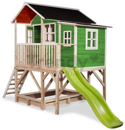 Domček cédrový na pilieroch Loft 550 Green Exit Toys veľký s vodeodolnou strechou pieskoviskom a 1,75 m šmykľavkou zelený