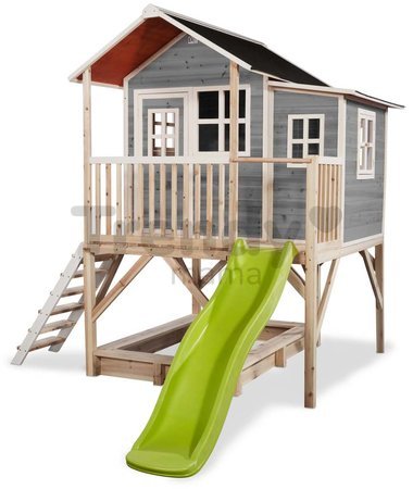 Domček cédrový na pilieroch Loft 550 Grey Exit Toys veľký s vodeodolnou strechou pieskoviskom a 1,75 m šmykľavkou sivý