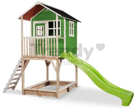 Domček cédrový na pilieroch Loft 700 Green Exit Toys s vodeodolnou strechou pieskoviskom a 2,28 m šmykľavkou zelený