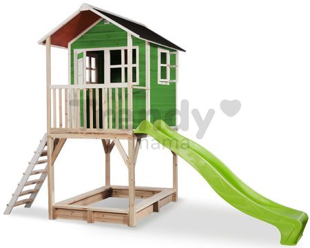 Domček cédrový na pilieroch Loft 700 Green Exit Toys s vodeodolnou strechou pieskoviskom a 2,28 m šmykľavkou zelený