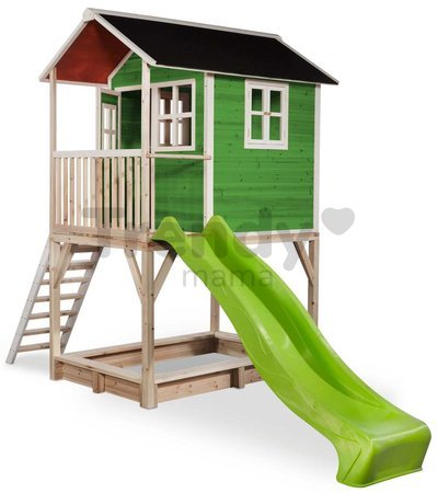 Domček cédrový na pilieroch Loft 700 Green Exit Toys s vodeodolnou strechou pieskoviskom a 2,28 m šmykľavkou zelený