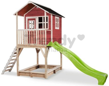 Domček cédrový na pilieroch Loft 700 Red Exit Toys s vodeodolnou strechou pieskoviskom a 2,28 m šmykľavkou červený