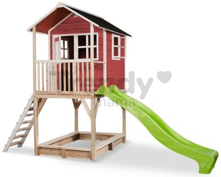Domček cédrový na pilieroch Loft 700 Red Exit Toys s vodeodolnou strechou pieskoviskom a 2,28 m šmykľavkou červený