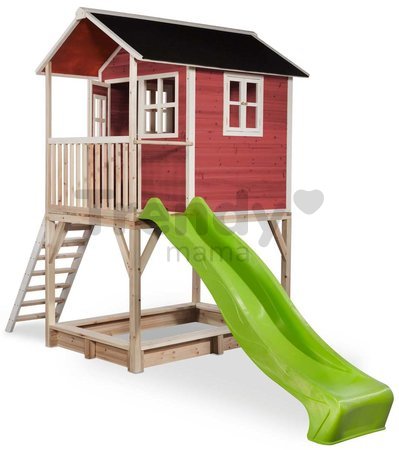 Domček cédrový na pilieroch Loft 700 Red Exit Toys s vodeodolnou strechou pieskoviskom a 2,28 m šmykľavkou červený