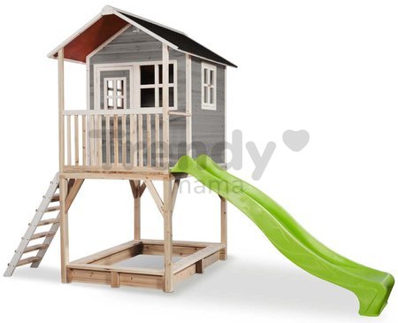 Domček cédrový na pilieroch Loft 700 Grey Exit Toys s vodeodolnou strechou pieskoviskom a 2,28 m šmykľavkou sivý
