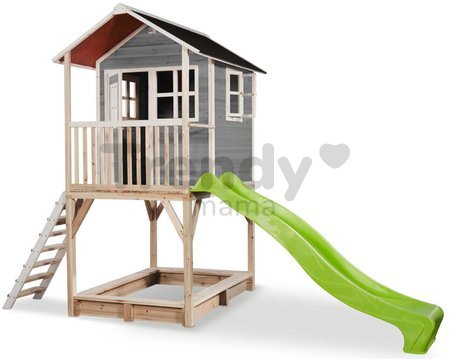 Domček cédrový na pilieroch Loft 700 Grey Exit Toys s vodeodolnou strechou pieskoviskom a 2,28 m šmykľavkou sivý