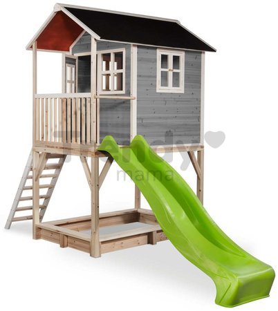 Domček cédrový na pilieroch Loft 700 Grey Exit Toys s vodeodolnou strechou pieskoviskom a 2,28 m šmykľavkou sivý