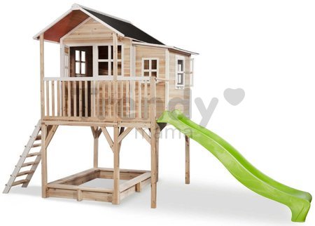 Domček cédrový na pilieroch Loft 750 Natural Exit Toys veľký s vodeodolnou strechou pieskoviskom a 2,28 m šmykľavkou prírodný