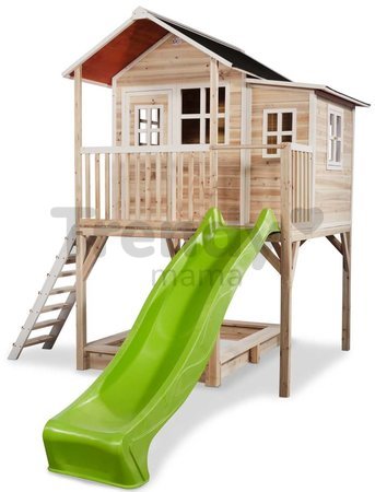 Domček cédrový na pilieroch Loft 750 Natural Exit Toys veľký s vodeodolnou strechou pieskoviskom a 2,28 m šmykľavkou prírodný