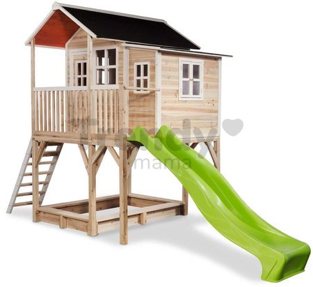 Domček cédrový na pilieroch Loft 750 Natural Exit Toys veľký s vodeodolnou strechou pieskoviskom a 2,28 m šmykľavkou prírodný