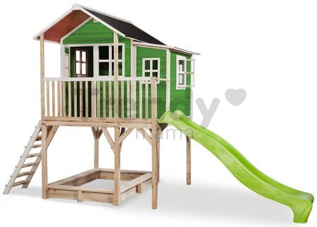 Domček cédrový na pilieroch Loft 750 Green Exit Toys veľký s vodeodolnou strechou pieskoviskom a 2,28 m šmykľavkou zelený
