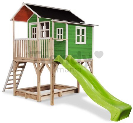 Domček cédrový na pilieroch Loft 750 Green Exit Toys veľký s vodeodolnou strechou pieskoviskom a 2,28 m šmykľavkou zelený