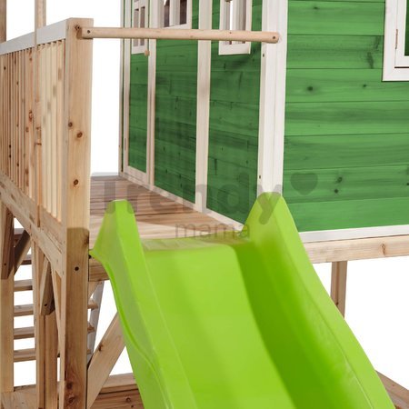 Domček cédrový na pilieroch Loft 750 Green Exit Toys veľký s vodeodolnou strechou pieskoviskom a 2,28 m šmykľavkou zelený
