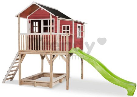 Domček cédrový na pilieroch Loft 750 Red Exit Toys veľký s vodeodolnou strechou pieskoviskom a 2,28 m šmykľavkou červený