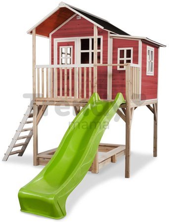 Domček cédrový na pilieroch Loft 750 Red Exit Toys veľký s vodeodolnou strechou pieskoviskom a 2,28 m šmykľavkou červený
