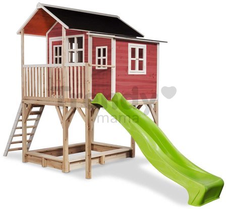Domček cédrový na pilieroch Loft 750 Red Exit Toys veľký s vodeodolnou strechou pieskoviskom a 2,28 m šmykľavkou červený