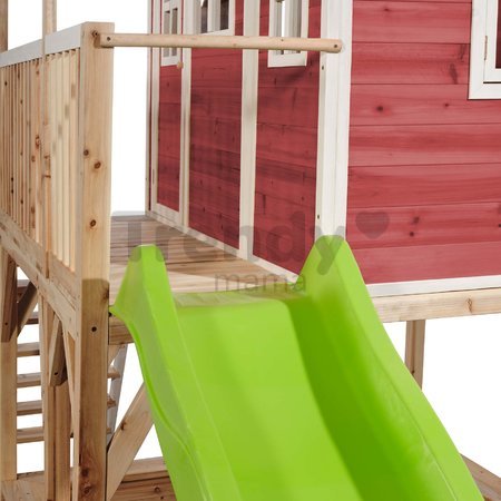 Domček cédrový na pilieroch Loft 750 Red Exit Toys veľký s vodeodolnou strechou pieskoviskom a 2,28 m šmykľavkou červený