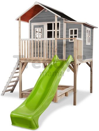 Domček cédrový na pilieroch Loft 750 Grey Exit Toys veľký s vodeodolnou strechou pieskoviskom a 2,28 m šmykľavkou sivý