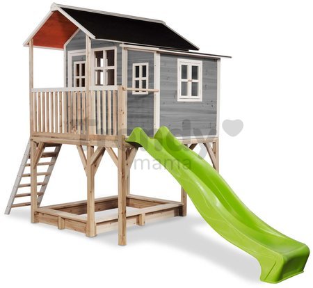 Domček cédrový na pilieroch Loft 750 Grey Exit Toys veľký s vodeodolnou strechou pieskoviskom a 2,28 m šmykľavkou sivý