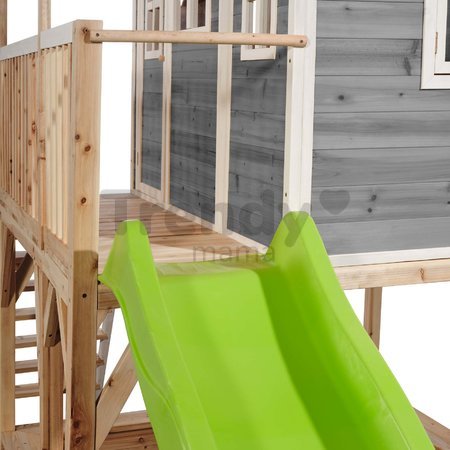 Domček cédrový na pilieroch Loft 750 Grey Exit Toys veľký s vodeodolnou strechou pieskoviskom a 2,28 m šmykľavkou sivý
