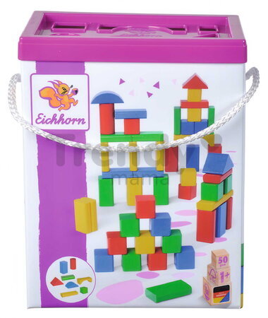 Drevené kocky Coloured Wooden Blocks Eichhorn farebné 50 kusov v rôznych tvaroch veľkosť 25 mm od 12 mes