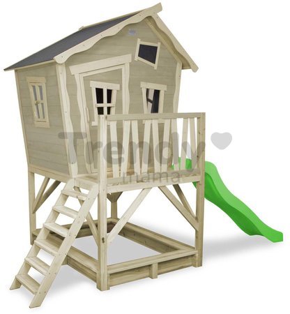 Domček cédrový na pilieroch Crooky 500 Exit Toys s vodeodolnou strechou 1,75 m šmykľavkou a pieskoviskom sivo béžový