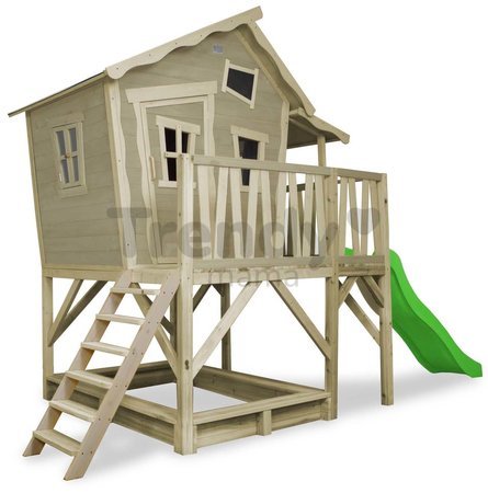 Domček cédrový na pilieroch Crooky 550 Exit Toys s verandou vodeodolnou strechou 1,75 m šmykľavkou a pieskoviskom sivo béžový