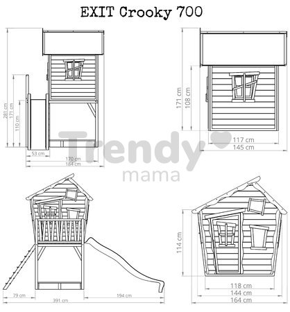 Domček cédrový na pilieroch Crooky 700 Exit Toys s vodeodolnou strechou 2,28 m šmykľavkou a pieskoviskom