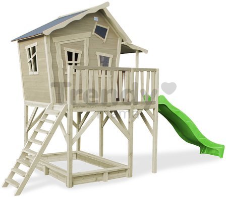 Domček cédrový na pilieroch Crooky 750 Exit Toys s verandou vodeodolnou strechou 2,28 m šmykľavkou a pieskoviskom sivo béžový