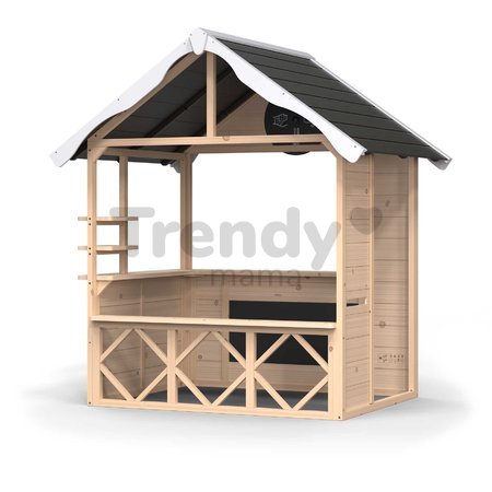 Domček cyprusový Hika Wooden Playhouse Exit Toys s tabuľou na kreslenie kriedou a koleso s 8 aktivitami od 24 mes