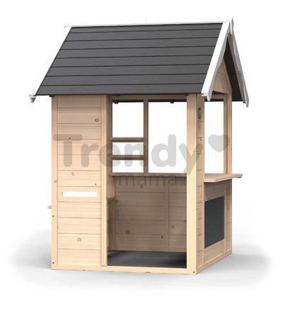Domček cyprusový Hika Wooden Playhouse Exit Toys s tabuľou na kreslenie kriedou a koleso s 8 aktivitami od 24 mes