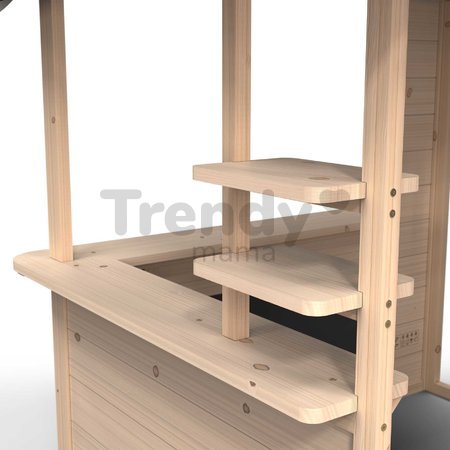 Domček cyprusový Hika Wooden Playhouse Exit Toys s tabuľou na kreslenie kriedou a koleso s 8 aktivitami od 24 mes
