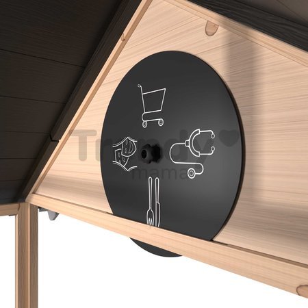Domček cyprusový Hika Wooden Playhouse Exit Toys s tabuľou na kreslenie kriedou a koleso s 8 aktivitami od 24 mes