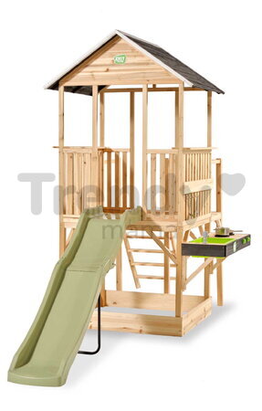 Panoramatický domček na pilieroch Panorama 550 Wodden Playhouse Exit Toys cyprusový s pieskoviskom šmykľavkou a kuchynkou