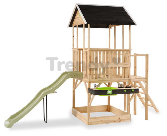Panoramatický domček na pilieroch Panorama 550 Wodden Playhouse Exit Toys cyprusový s pieskoviskom šmykľavkou a kuchynkou