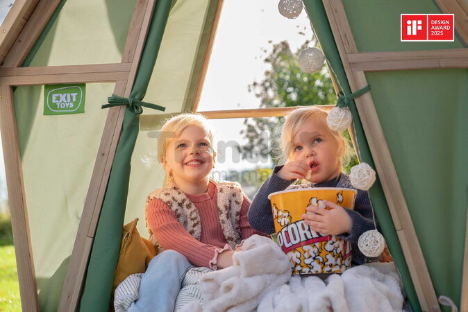 Domček a stan na pilieroch z cyprusového dreva Yuki 550 Playhouse Exit Toys so šmykľavkou kuchynkou a pieskoviskom