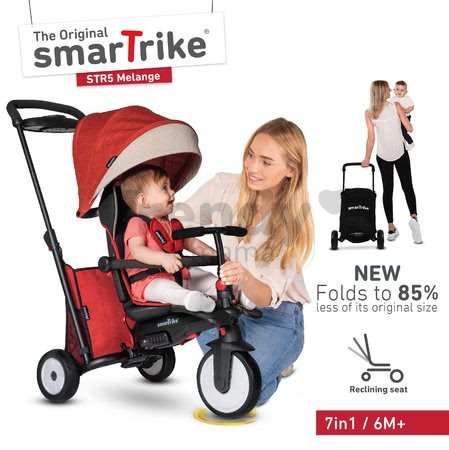 Trojkolka skladacia smarTfold 7v1 500 Stroller Melange smarTrike TouchSteering červená polstrovaná s EVA kolesami od 9 mesiacov ako kočík