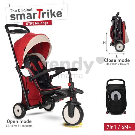 Trojkolka skladacia smarTfold 7v1 500 Stroller Melange smarTrike TouchSteering červená polstrovaná s EVA kolesami od 9 mesiacov ako kočík